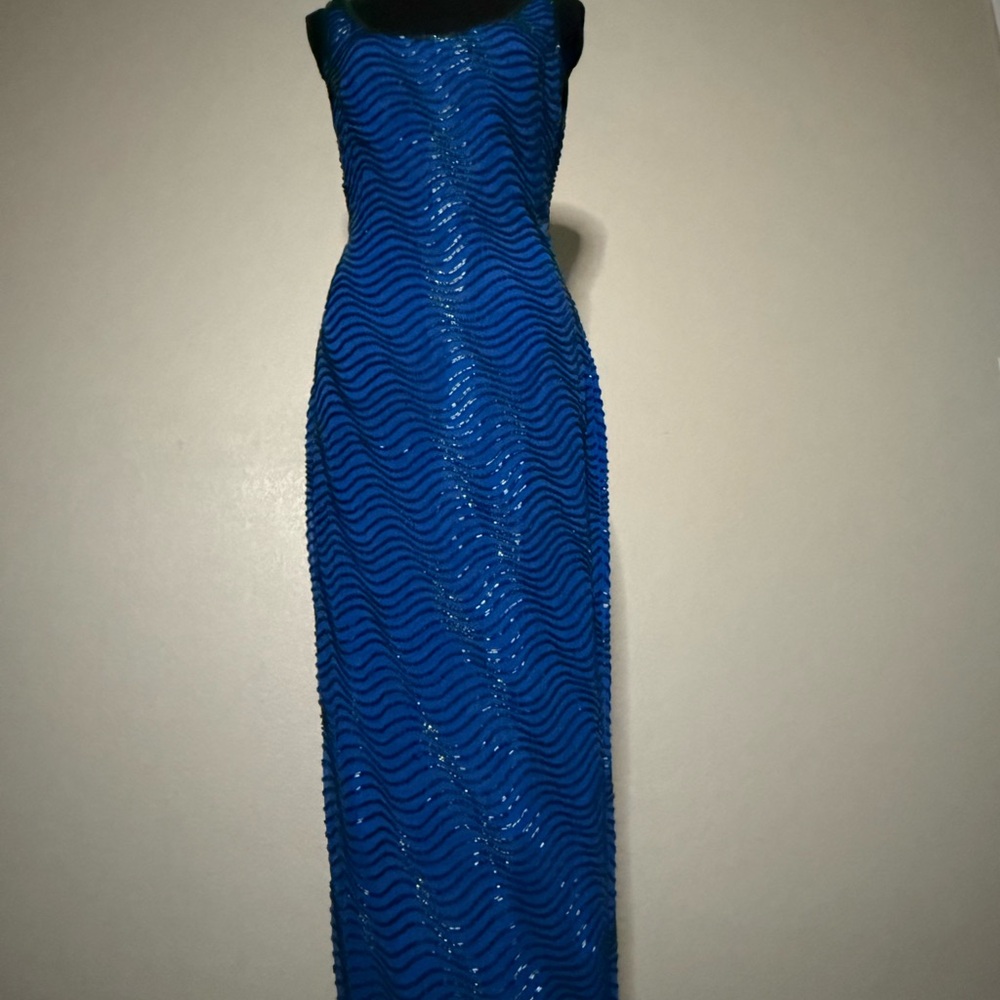 Blue Beaded Bodycon Gown by Scala – Hand Beaded, M